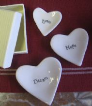 SET OF 3 LITTLE CERAMIC HEART DISHES - LOVE HOPE DREAM